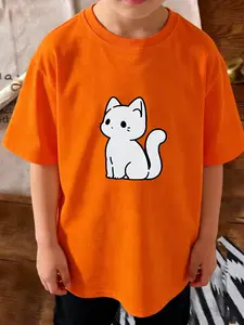 Summer Unisex Kids Casual T-Shirt, Simple Cat Print, Breathable and Comfortable, Perfect for School Activities and