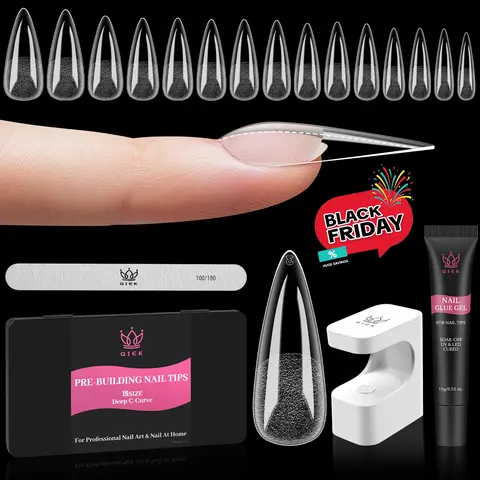 Qiek Pre-Building Nail Tips Kit, 15 Sizes 240 PCS Pre-shaped Apex Clear Thick Extensions Tip Soft Half Matte Press On Fake Nails Glue Gel Nail Lamp for DIY Beginners & Salon Manicure, Holiday Haul