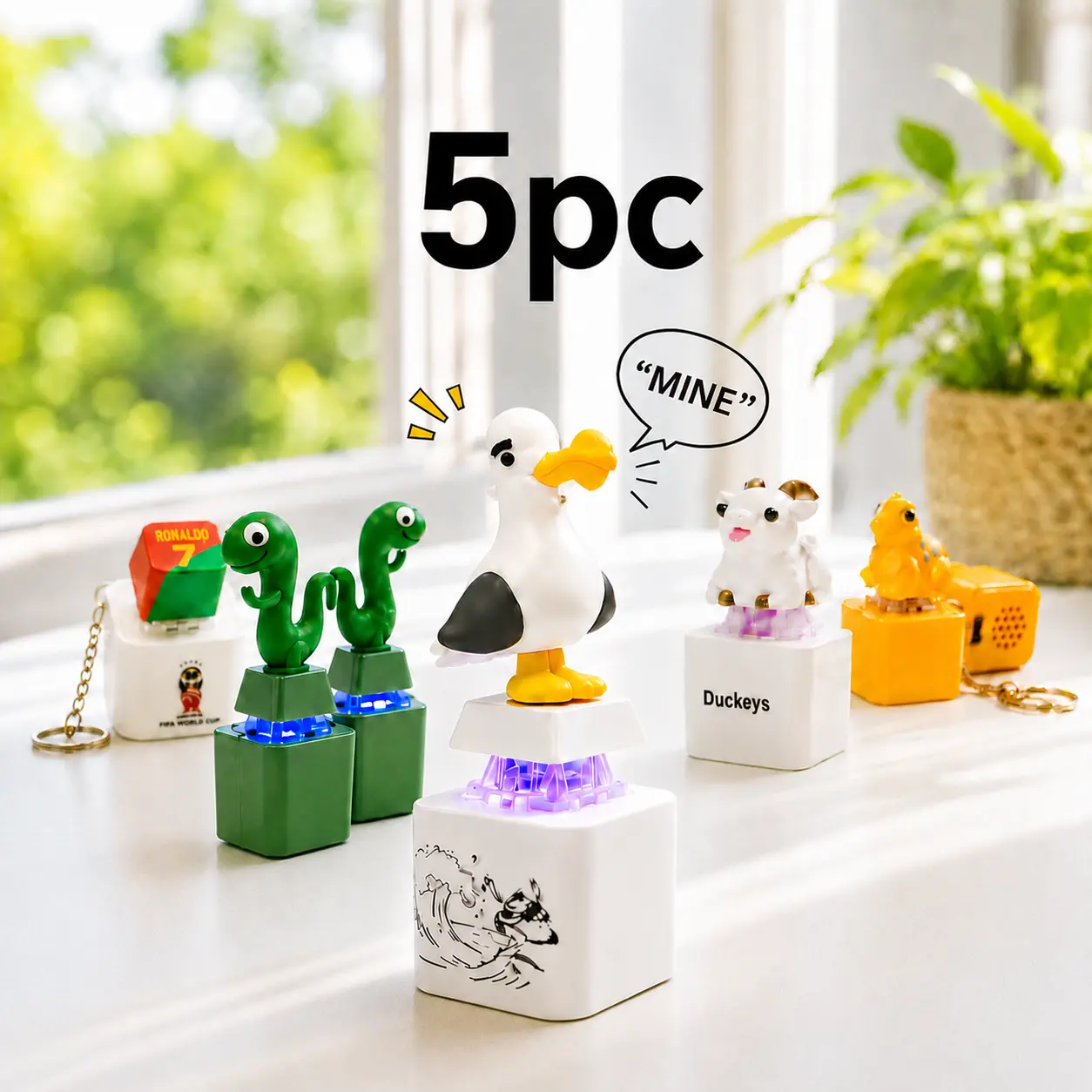 5-Pack Cute Seagull Keychain & Zipper Pull, Small Plastic Fidget Toy with Real Sound & LED Light, Funny Birthday Gift Ideas for Teens