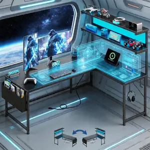 【Corner Desk】Raybee Reversible L-Shaped 53‘’W Gaming Desk with LED Light & Power Outlets,Sturdy & Easy Assemble Computer Desk with 2 Hooks & Side Storage Bag, Gaming Setup for Home Office Use, Study desk for teenagers, Computer Table with Shelf,Black