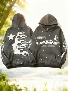 Hellfire Flame Black Hoodie Block Cotton Men's Streetwear Clothing 2000s Apparel Vacation Wear Retro Menswear