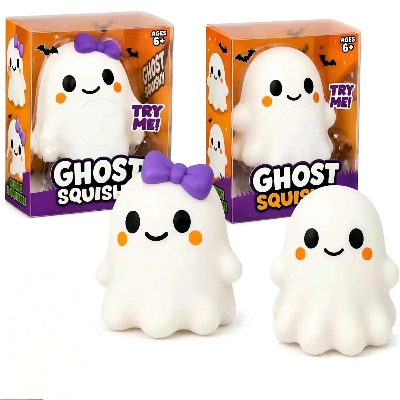Ghost Shape PVC Squishy Toy with Bow & Smiley Faces - Slow-Rising Sensory Squeeze Toy, Stress Relief Fidget, Halloween Party Favor & Ornament