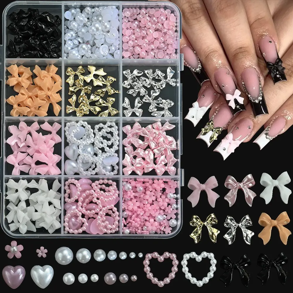 12 Grids 3D Nail Charms Kit, Bow & Pearl & Flower Nail Art Decorations, DIY Manicure Accessories for Women Girls, Glossy Finish, Nail Kit Set, Nail Art Supplies, Nail Art Products