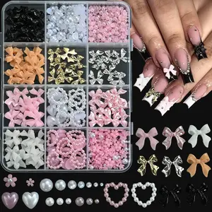 12 Grids 3D Nail Charms Kit, Bow & Pearl & Flower Nail Art Decorations, DIY Manicure Accessories for Women Girls, Glossy Finish, Nail Kit Set