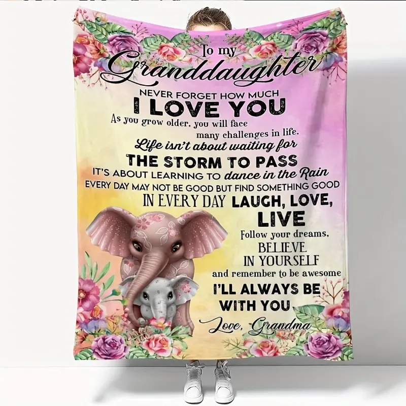 To My Granddaughter Personalized Flannel Plush Throw - Ultra-Soft Graphic Blanket with Elephant & Floral Print, Plush Textured Warming Fleece for Couch, Perfect Grandma Gift & Emotional Support All-Season Blanket, Flannel Plush Throws, Graphic Blanket Thr
