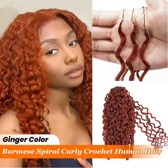 Ginger Burmese Curly Crochet Human Hair Pre Looped Deep Wave Human Hair Crochet Miracle Knots Feathered Human Crochet Hair Extensions