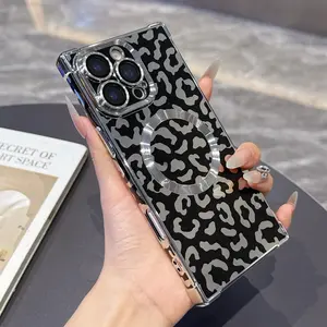 Luxury Leopard Print Shiny Square Edge Phone Case Cover Protector, Protective, Compatible with iPhone 16 15 14 13 Pro Max, Magnetic Wireless Charging Protection Accessories