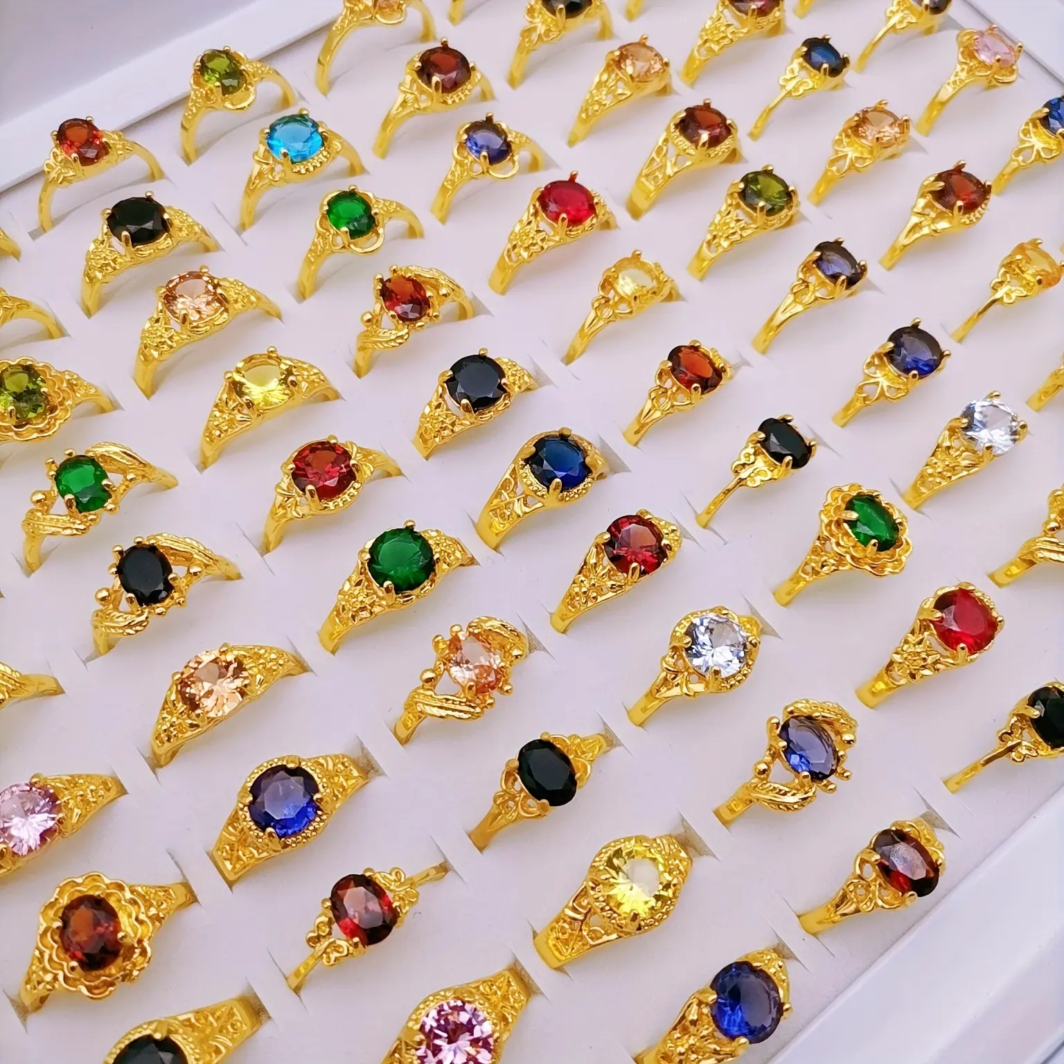 50pcs 14K Golden Wholesale Rings, 4 Claw Artificial Crystal Zirconia Elegant Vintage Style Assorted Rings, Brand New Colorful Bohemian Fashion Party Plated Zinc Alloy Jewelry Additions, Charming Gifts for Love, Without Box
