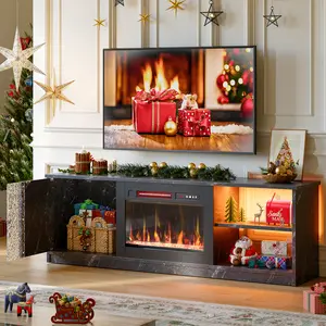 Pinmoco Electric Fireplace TV Stand for TVs up to 70", LED Entertainment Center With Cabinet & Shelves, TV Media Console Table for Living Room, Bedroom