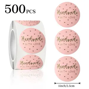 Handmade with Love 500 Labels per Roll 2.5cm Pink & Gold Round Stickers for Crafting Cupcake Party Decoration
