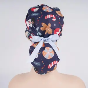 Snowman & Gingerbread Ponytail Scrub Cap, Navy Blue, Cotton Surgical Hat with Buttons Sweatband, Christmas Medical Professionals Headwear