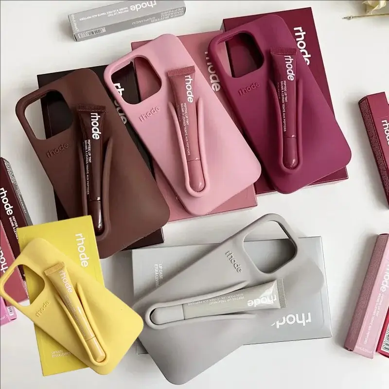 (Combo Phone Case + Lipstick) Rhode Fashion Luxury Rhode Phone Case Ribbon Lip Gloss Holder Silicone Cover
