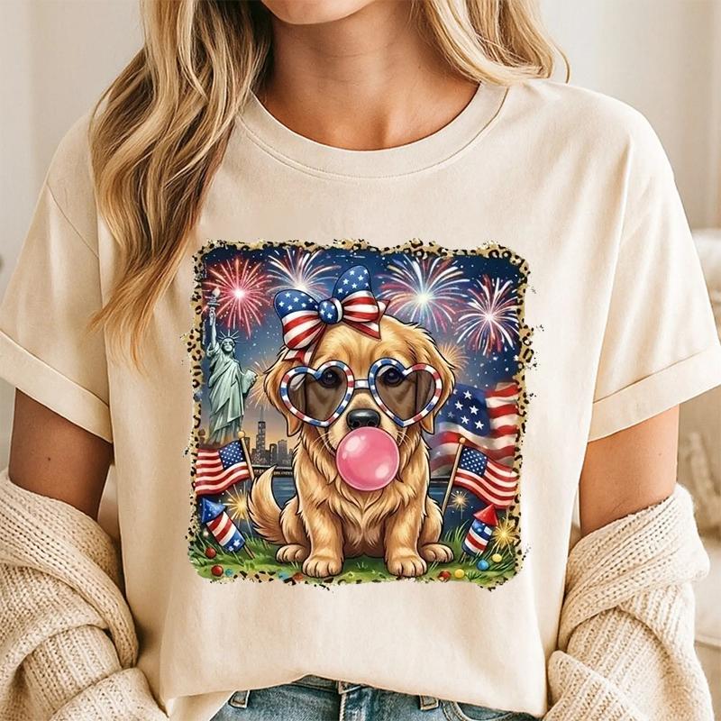 Comfort Colors Cute Golden Retriever 4th of July T-Shirt, Patriotic Dog Lover Tee, Fireworks Puppy Shirt, American Flag Independence Day Gift for Women