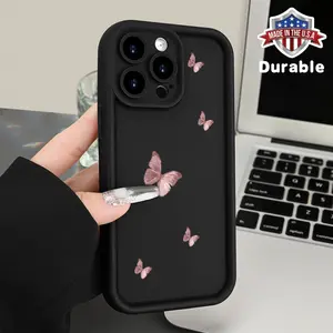 1pc Pink Butterfly Pattern High Bamboo Black Phone Case, Suitable for iPhone 11 12 13 14 15 16 XS XR X 7 8 12 13 Mini Plus Pro Max SE Series, Perfect as a Gift for Girlfriend, Boyfriend, Friends or Yourself Protective Cover