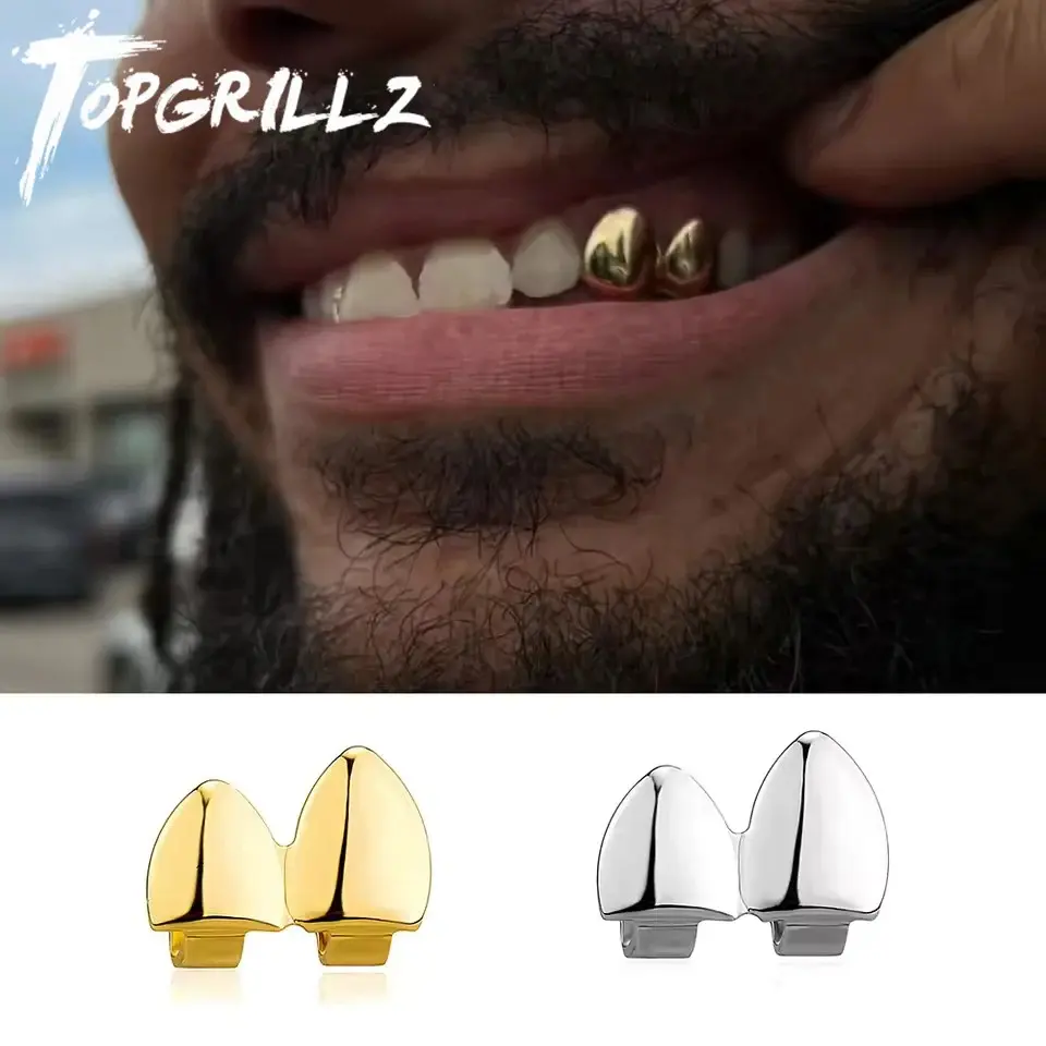 Double Glossy Teeth Grillz Gold Silver Color Tooth Caps Fangs Dental Grills For Women Men Jewelry Cosplay Halloween