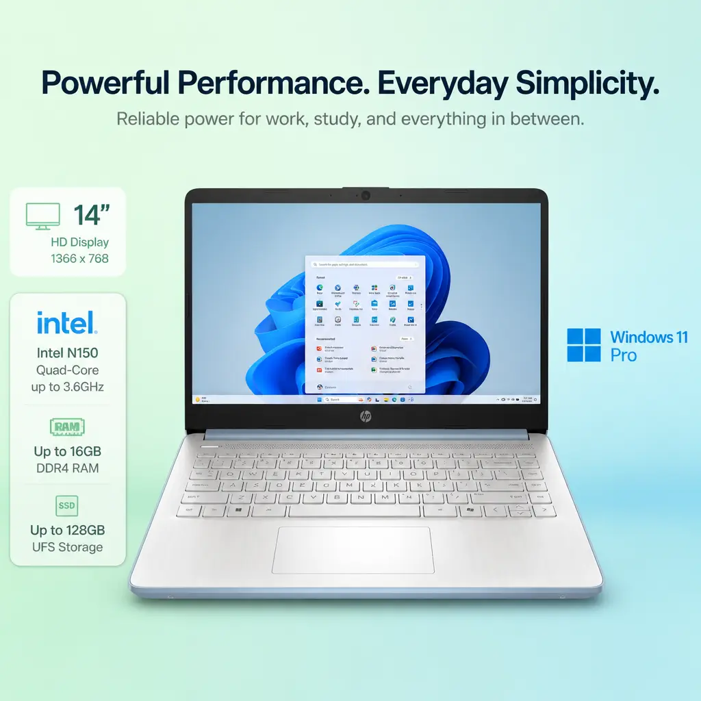 HP 14 Inch Laptop for Students and Business, Intel Quad-Core Processor N150 ,DDR5 Up to 16GB RAM, 384GB Storage（128GB+256GB SD Card), Long Battery Life, UHD Graphics, Win 11 P