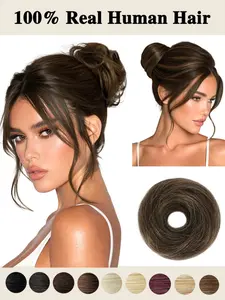 100% Human Hair Messy Bun Updo Piece, Natural Wavy Textured High Ponytail Extension with Donut, Easy to Wear Chignon for Women Girls Daily Wedding