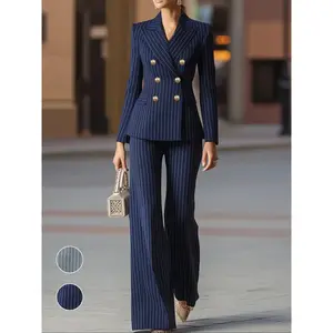 Women’s new elegant striped double-breasted button pantsuit set — business suit ensemble for office commuting, suitable for fall and winter, slim fit