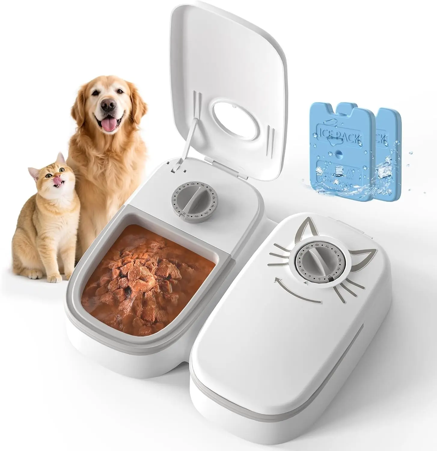 2-Meal Timed Wet Food Pet Feeder for Cats with Ice Packs 48H Wet Food Dispenser 700ml Capacity Battery Powered