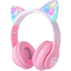 P-HPS04    Cat Ear Kids Bluetooth Headphones for Girls Children Teens, LED Light Up Wireless/Wired Mode Foldable Stereo Girls Headphones with Built-in Mic for School Birthday Xmas Gift (Pink)