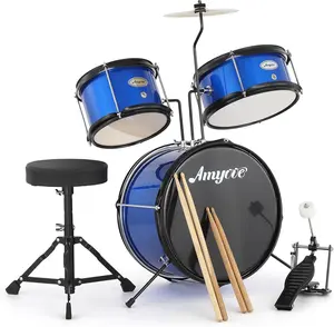 3 Piece Kids Drum Set With Cymbal-2 Drumsticks-Pedal-2 Toms-Throne Stool-Musical Instruments For Boys And Girls-Blue Durable Percussion