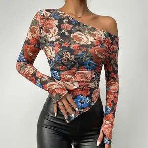 ChicMe Women's Vintage Floral Print Skew Neck Long Sleeve Asymmetrical Hem Tee Slim Fit Side Ruched Sheer Mesh Top with Thumb Hole Cuffs & Lining