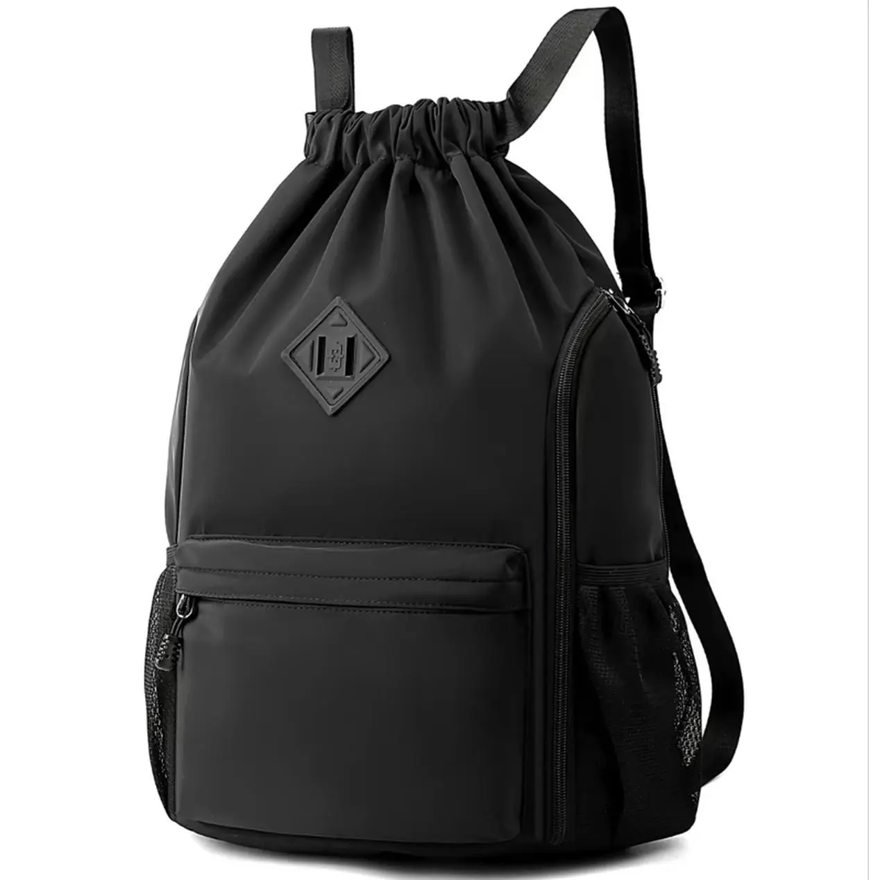Unisex Water Resistant Nylon Shell Drawstring Backpack - Water-Safe Backpacks, 2 Bottle Pockets, Mesh Holders - Travel, Gym Use
