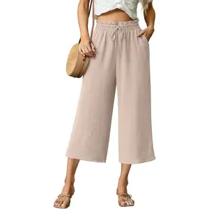 Capri Pants for Women High Waisted Wide Leg Casual Lounge Pant Summer Capris Adjustable Drawstring with Pockets