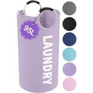 95L Folding Laundry Basket, Large Laundry Hamper with Handles, Portable Dirty Clothes Hamper, Independent Storage Basket for Bathroom, Living Room, Dorm, Purple