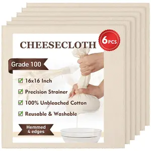 6 PCS Reusable 16x16 In Cheese Cloths for Straining,100 Grade Ultra Fine 100% Unbleached Cotton - Reusable Unbleached Cotton Strainer for Cooking, Baking, Juicing, and Cheese Making