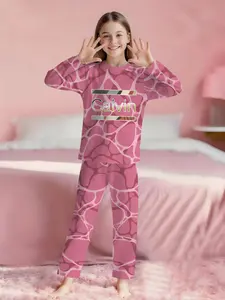 Calvin Pink Patterned Geometric 2-piece Girl's Digital Print Long Sleeve Pajamas, Pajamas Sleepwear, with Extended Sleep Pants, Flame Retardant Fabric, a comfortable and soft set, suitable for sleeping and home relaxation, made of 100% polyester