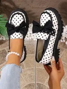 Women's Retro Polka Dot Bow Thick Sole Loafers, Classic Design, Comfortable Heel Lift, Daily Commute Versatile, Sweet Casual Style
