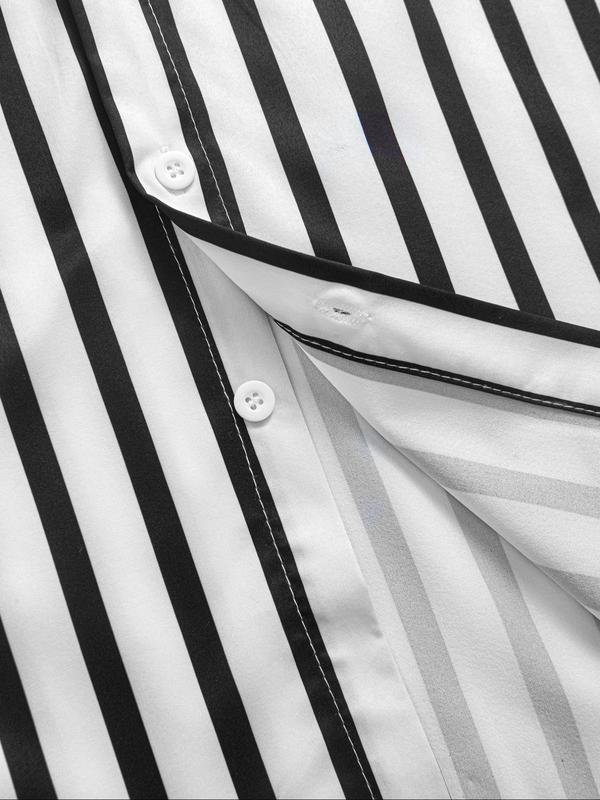 Men's Colorblock Striped Print Button Front Shirt & Shorts Set, Casual Short Sleeve Collared Top & Shorts, Men's Summer Clothes for Beach Vacation