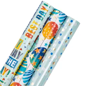 3 Rolls Blue and Gold Foil Gift Wrapping Paper, Birthday Texts, Balloon and Polka Dot Patterns, Ideal for Boy's Birthday Party, 43.2cm X 300cm