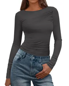 BTFBM Womens Tops Dressy Casual Workout Outfits Fall 2026 Long Sleeve Shirts Boat Neck Ruched Bodycon Going Out Top#Clearance