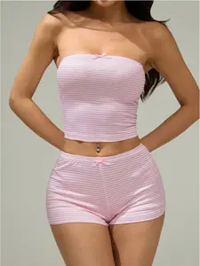 Fashionable, elegant, comfortable, Striped, Crop top pajamas, ladies cozy lounge set shorts suit