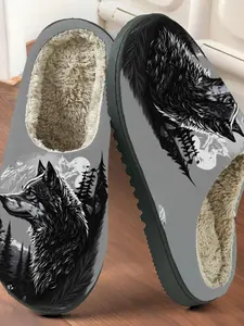 Wolf Moon Night Animal Print Cotton Slippers, Cool Wild Style, Fuzzy Lining Anti-Slip Thick Sole, Home Warm Shoes for Men & Women Fall Winter
