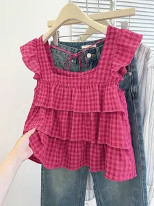 Women's Summer Cute Casual Vacation Ruffle Hem Sleeveless Square Neck Tie Back Tank Top, Loose-Fitting Plaid Pattern, Perfect for Relaxing Days