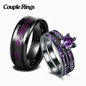 Romantic wedding ring set – purple CZ engagement ring for both men and women, 1 piece for men or 2 pieces for women,suitable for daily use and parties