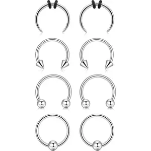 8 count Septum Rings 2G 4G 6G 8G 10G 12G 14G 16G Stianless Steel Septum  Hoop Spike Horseshoe Septum Pincher Eyebrow Lip Nose Helix Tragus Daith Rook Spetum Strechting Kit for Women Men 10mm/12mm