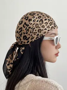 Women's Leopard Print Satin Towel 68cm X 68cm, Fashionable Multifunctional Accessory, Headscarf Belt Bag Decoration, Turban Hijab, All-Season Use