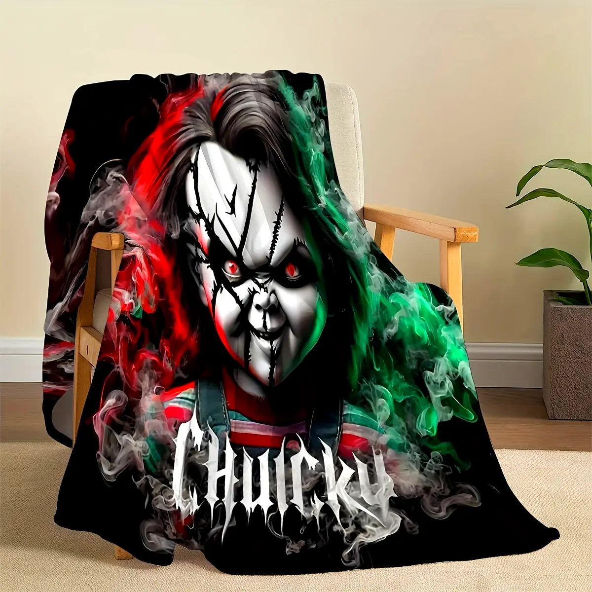 1pc Chucky Horror Decorative Giftable Flannel Fleece Blanket - Soft Warm Plush Polyester Knitted, Machine Washable, Contemporary Style, Cartoon Theme, 200-250gsm, All-Season, Sofa Bed Use, Gift for Family, Decorative Giftable Blankets, Flannel Fleece Blan