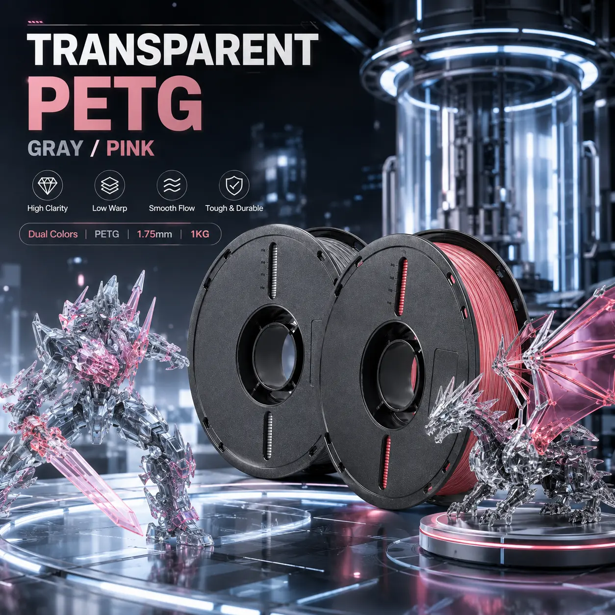 PETG Filament 1.75mm 1KG, Clear Pink Gray Dual Color 3D Printing Material, Tough Translucent Spool for FDM Printers, Easy Feed Low Warp Filament, Ideal for Vases, Lampshades, Models, Prototypes and DIY Projects