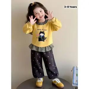 Adorable Cat-Themed Two-Piece Set - New Girls' Yellow Plaid Ruffled Sweatshirt + Star-Print Wide-Leg Pants - Cute-Style Kids' Spring & Autumn Fashion Outfit - Perfect for Outdoor