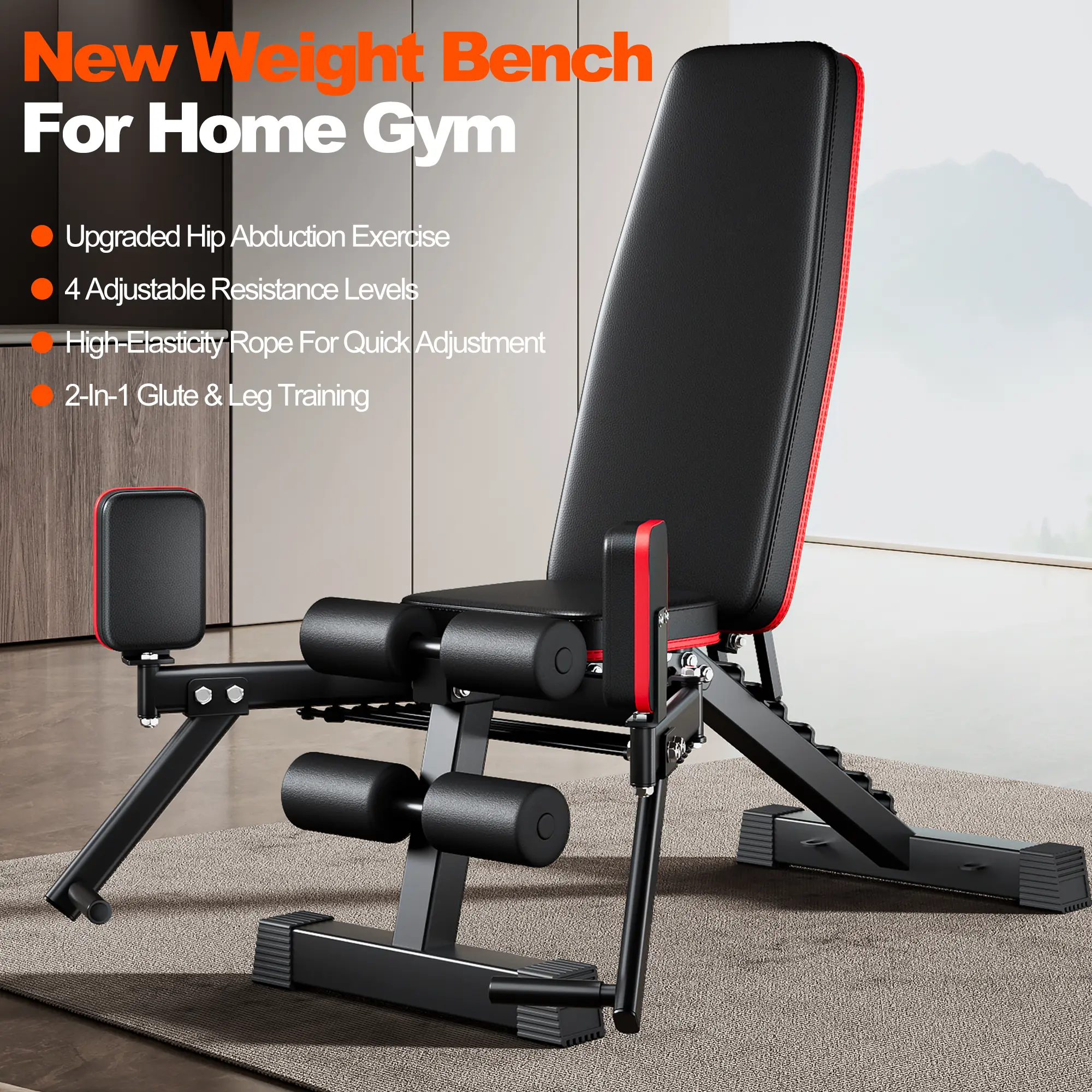 【KINMAC】Weight Bench for Home Gym, 2-in-1 Weight Bench with Hip Abduction Training, Elastic Resistance Rope System, Strength Training Equipment for Home Workout