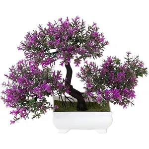 Mini Artificial Bonsai Tree for Home Office Desk Decor – Fake Potted Plant with Resin Pot | Small Faux Welcome Pine Tree | Indoor Tabletop Zen Garden Decoration | Plastic Bonsai in Magenta Color, artificial tree, pot plant, tree for desk, Home decor