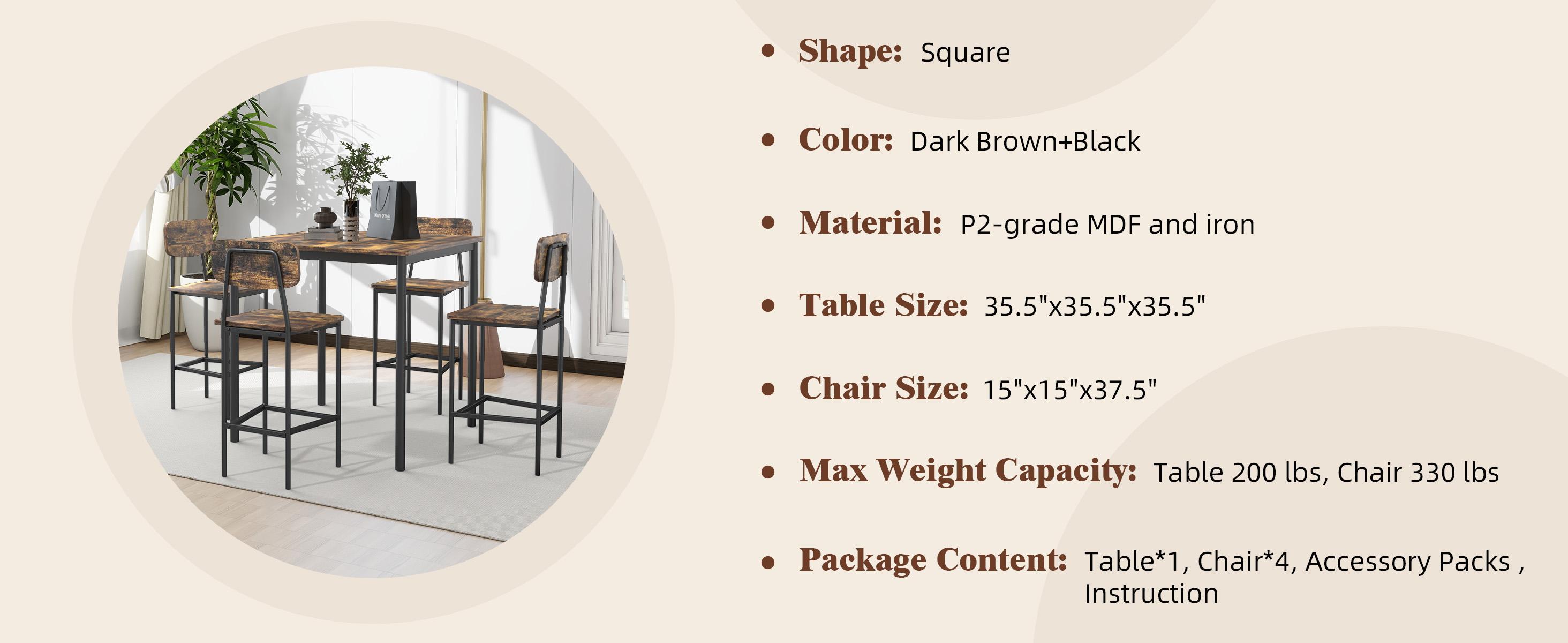 Dining Table Set for 4, Retro Kitchen Table and Chairs Set for 4, Metal Frame, Space-Saving Table and Chairs Set of 4 for Small Place, Living Room, Breakfast Nook