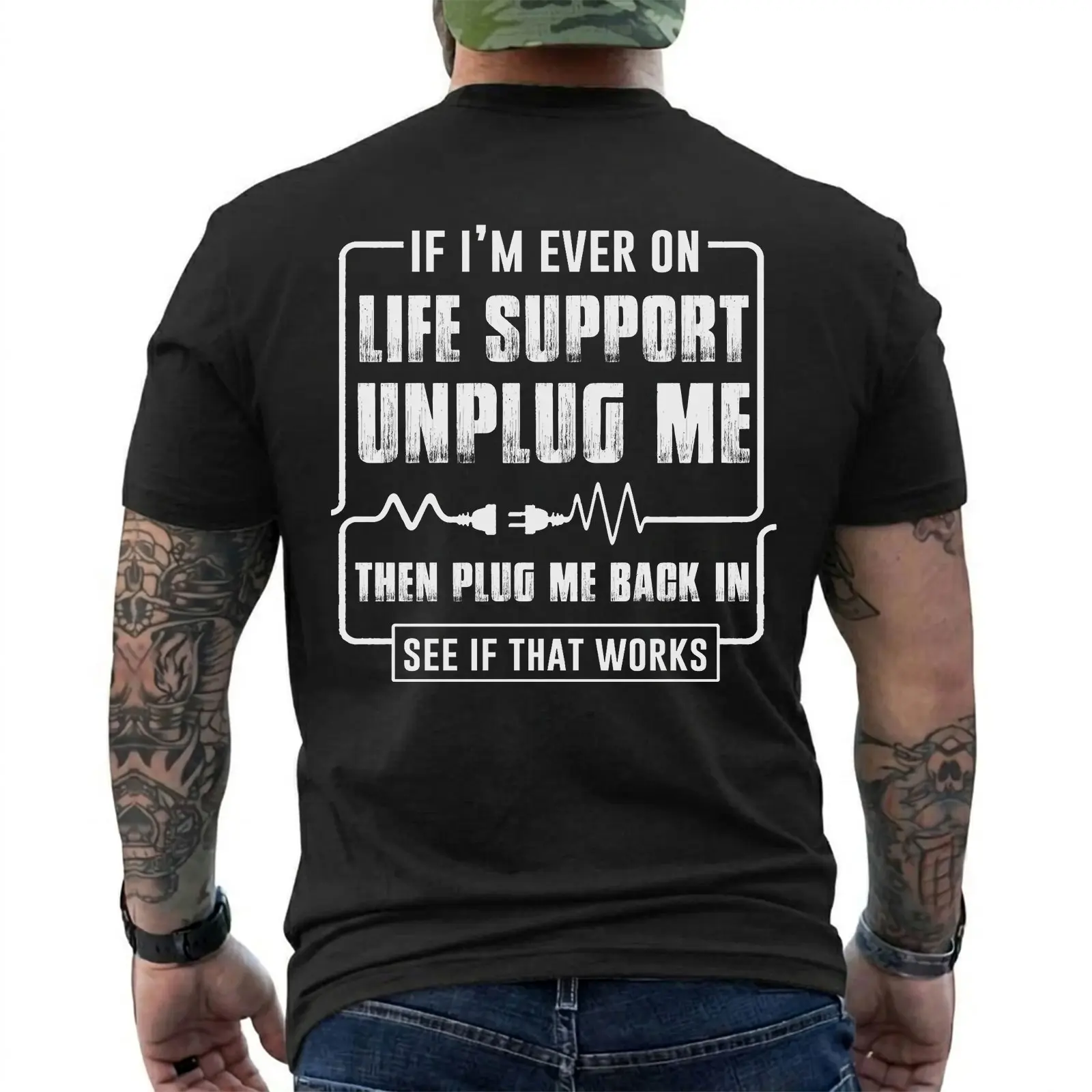 Funny Sarcastic Life Support T-Shirt for Men, Unplug Me Then Plug Me Back In Graphic Tee, Short Sleeve Printed Graphic Shirt, Daily Casual Cotton Menswear