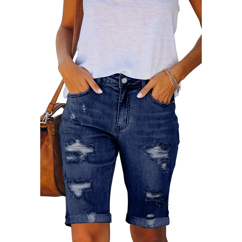 Necooer Women Jean Shorts Ripped Casual Summer Mid Waist Stretchy Five Points Denim Jean Shorts