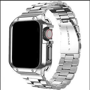 Three Row Metal Bracelet Band and Shockproof Armor Case Cover Set Smart Watch Straps for Apple Watch Series 10 9 8 7 6 SE Ultra 2 1 42mm 44mm 45mm 49mm